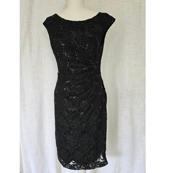 Lauren Ralph Lauren Dresses & Skirts - Lauren Ralph Lauren Lace Sequin Sheath Dress Womens 8 Black Ruched Wedding LBD